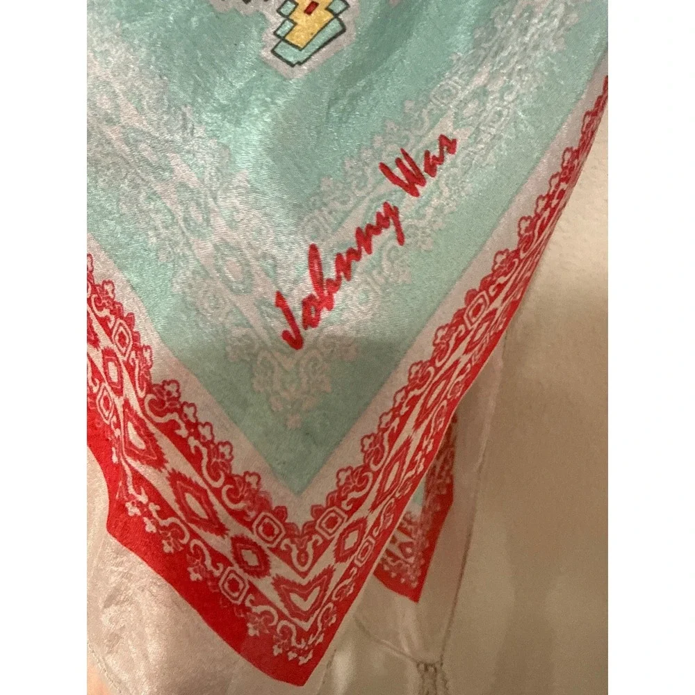 Johnny Was 100% Silk Square Scarf Tassels Southwestern Blue/Red Multi READ - Picture 2 of 8